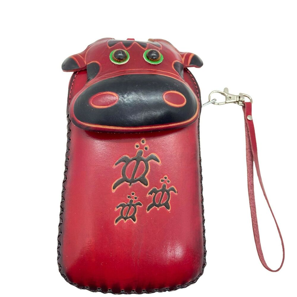 Tropical Cow And Turtle Wristlet Womens Red Leather Unique Funky Retro Strap